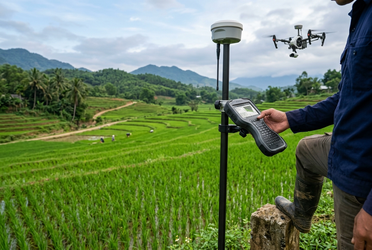 Máy thu GNSS RTK và sổ tay điện tử ngoài cánh đồng, phía sau là thiết bị bay UAV